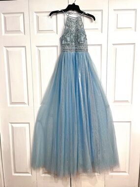 Sparkle Tulle Halter Juniors Dress in Light Blue